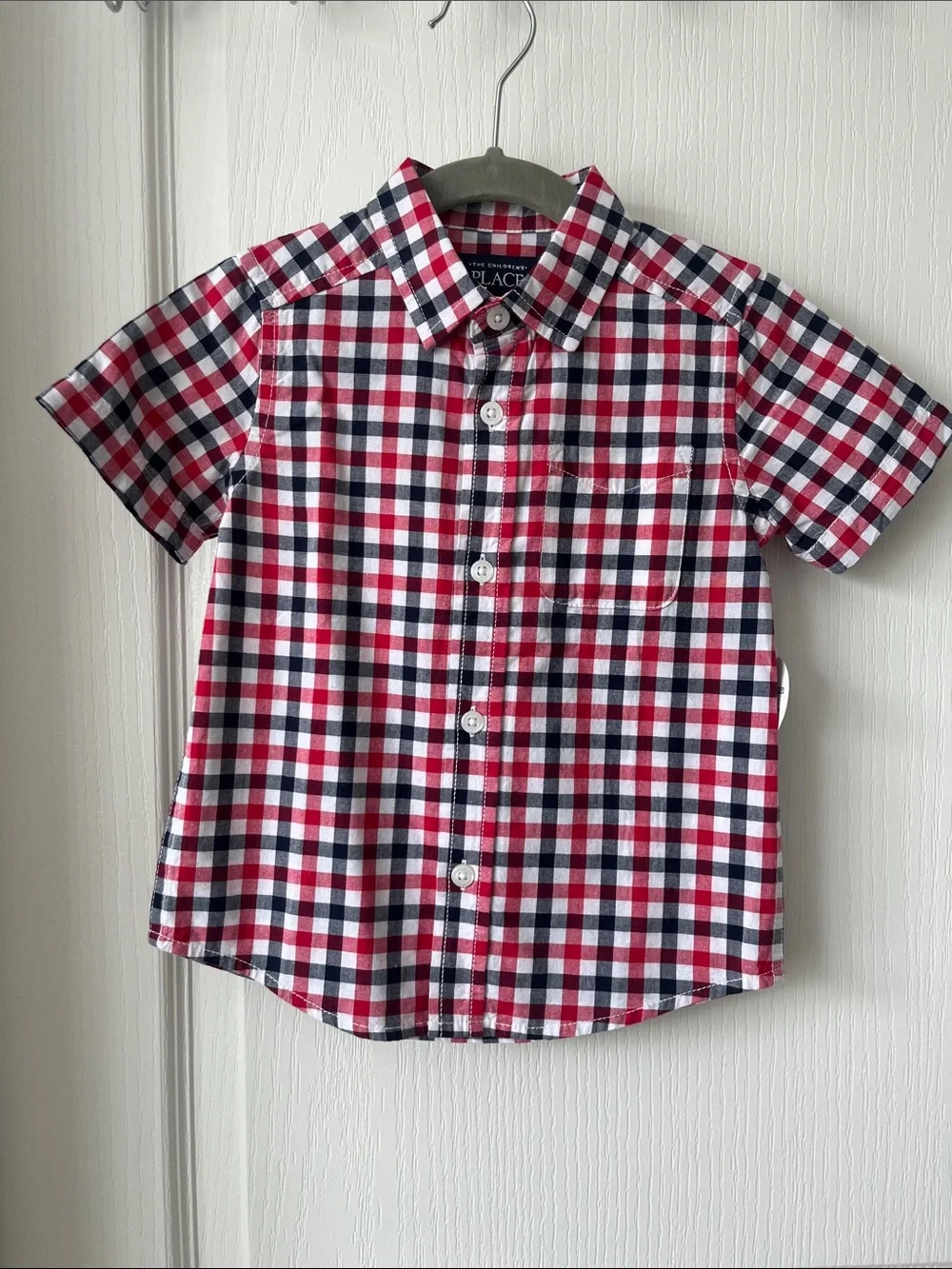 NWT The Children's Place Red, Navy & White Plaid Short-Sleeve Button-Down Shirt
